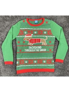 Norther Pole Ugly Christmas Sweater Women's Green Dachshund Through Snow Sz L